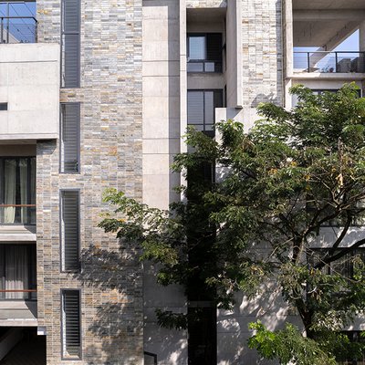 facade with trees